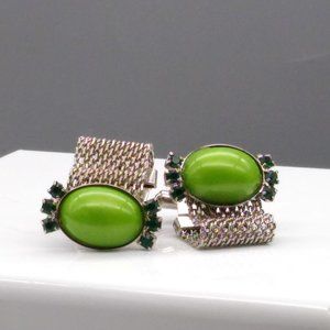 Vintage Wrap Cuff Links, Green Lucite Cabochons flanked by Green Crystals